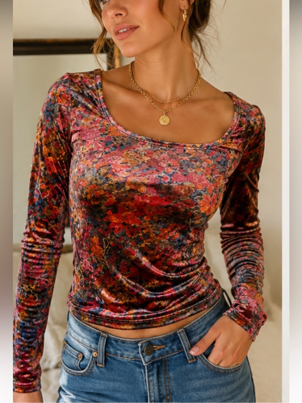 Natural Life Velvet Floral Boho Top Tagged M Fits XS Small
